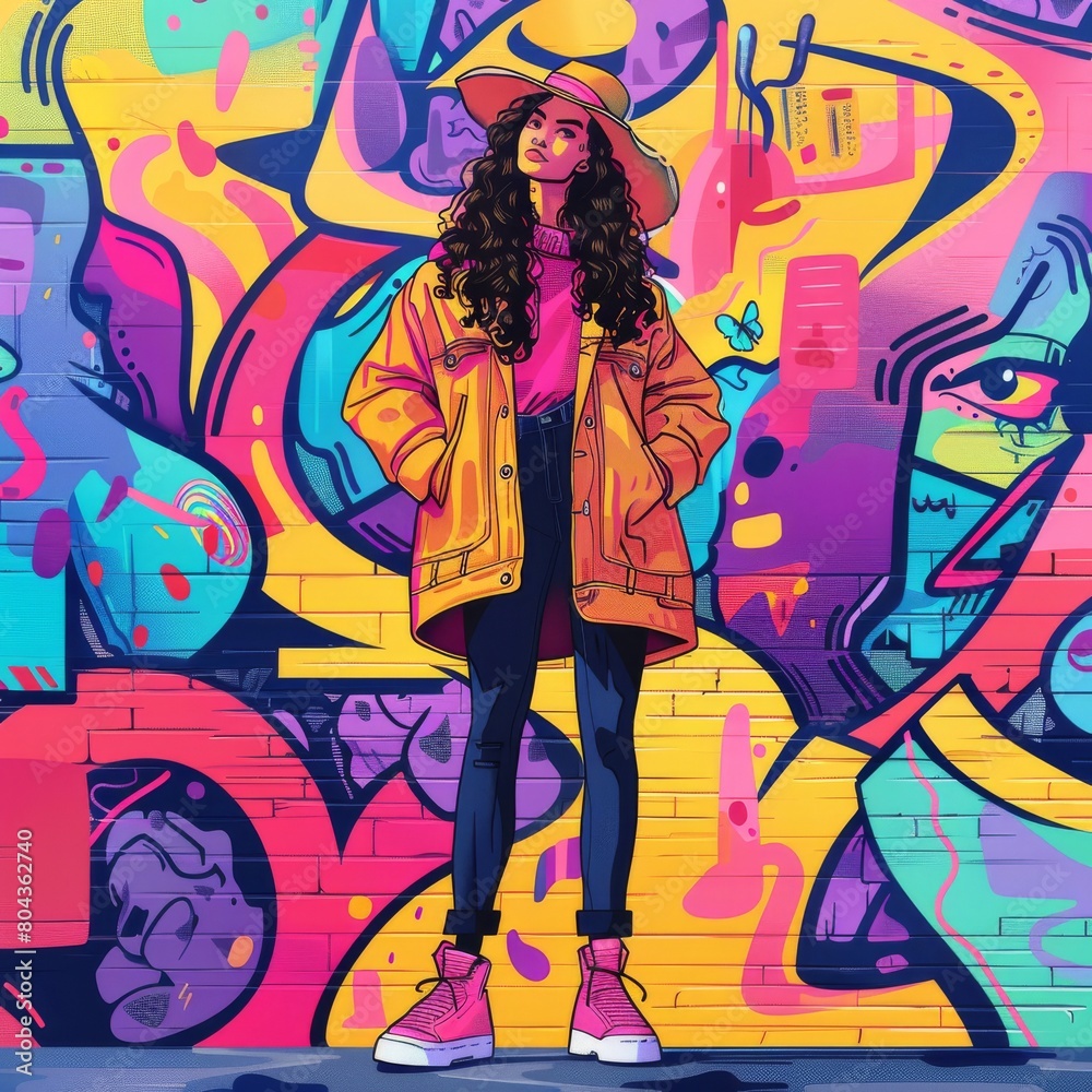 A graffiti-covered wall with a young woman standing in front of it. The woman is wearing a yellow jacket, blue jeans, and pink sneakers. She has a butterfly on her shoulder and is looking at the camer A graffiti-covered wall with a young woman standing in front of it. The woman is wearing a yellow jacket, blue jeans, and pink sneakers. She has a butterfly on her shoulder and is looking at the camer