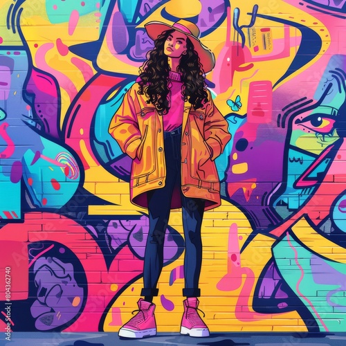 A graffiti-covered wall with a young woman standing in front of it. The woman is wearing a yellow jacket  blue jeans  and pink sneakers. She has a butterfly on her shoulder and is looking at the camer