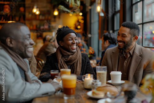 Joyous friends enjoying brunch. Captures a group of three African-American friends sharing a laugh in a cozy cafe, evoking warmth and friendship, ideal for lifestyle and relationship themes photo