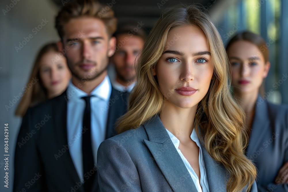 Confident business team in a modern office. A striking image showcasing leadership and professionalism, ideal for corporate branding and recruitment materials Confident business team in a modern office. A striking image showcasing leadership and professionalism, ideal for corporate branding and recruitment materials