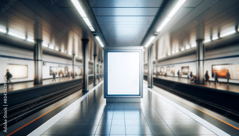 A billboard mock up in a subway station with blurred people in the background, providing space for advertising or branding. Generative AI