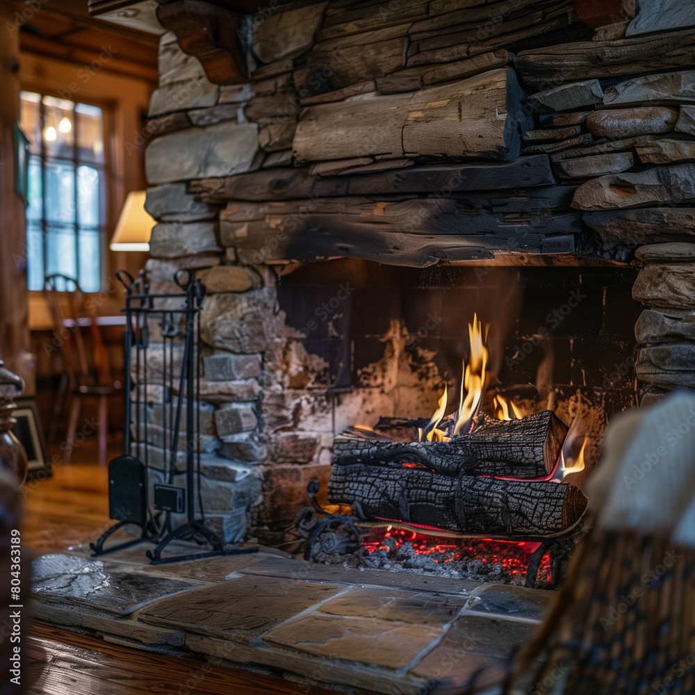 Warm and Inviting Fireplace in a Rustic Home Interior Warm and Inviting Fireplace in a Rustic Home Interior
