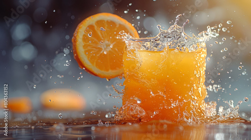 Fresh orange juice splash with whole orange on table