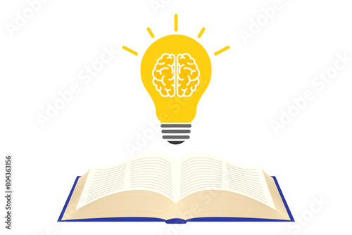 Vector illustration of yellow bulb with brain icon and open book on transparent background