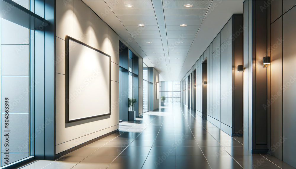 An empty poster on a wall inside a brightly lit corridor with reflective floor, modern office background. Generative AI An empty poster on a wall inside a brightly lit corridor with reflective floor, modern office background. Generative AI