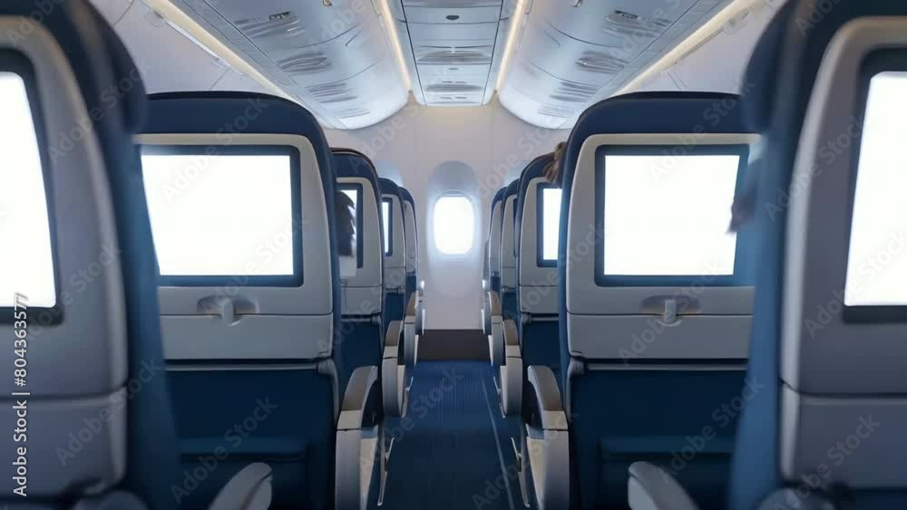 Airplane seats with blank LCD screen mockup device for entertainment to serve passenger on a plane trip