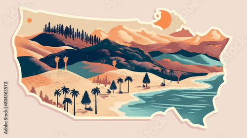 Colorful California map illustration in bold sunset hues © standret