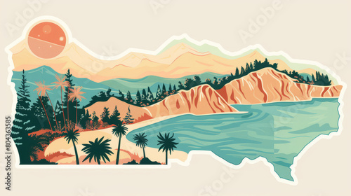 Colorful illustration of California landscape with diverse terrains