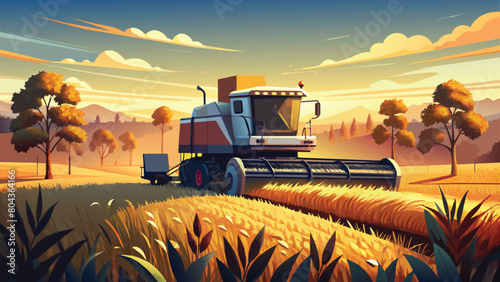 Autumn Harvest Scene with Combine Harvester in Golden Wheat Field