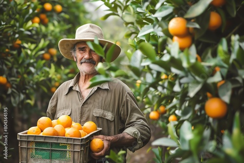 A portrait of a farmer in a widebrimmed hat, holding a crate of bright oranges, standing in the middle of an orange grove photo