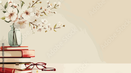 Books flowers in vase eyeglasses and stationery on li