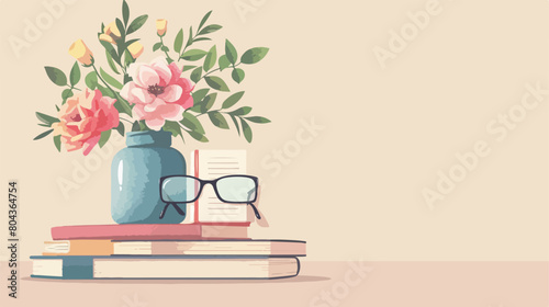 Books flowers in vase eyeglasses and stationery on li photo