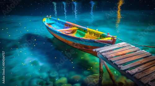 Colorful small boat tied to a wooden dock on serene water © standret