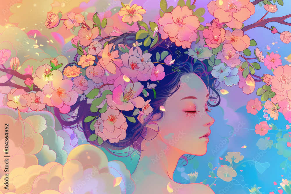 Serene woman surrounded by vibrant spring blossoms