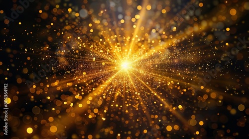 Abstract golden background with starburst. Gold texture with particles coming from center for greeting card or holiday brochure. High quality photo