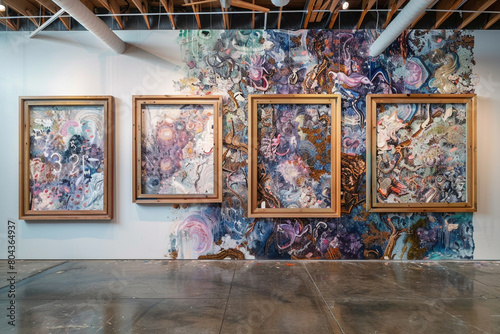 In an gallery with a lofty ceiling, four wooden frames of descending sizes are hung in a vertical array against a wall featuring a large-scale, abstract mural exhibit