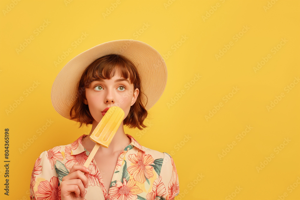 Portrait of a beautiful woman wearing a summer hat eating popsicle, summer-themed designs, copy space Portrait of a beautiful woman wearing a summer hat eating popsicle, summer-themed designs, copy space