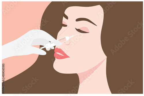 Doctor in medical gloves with serum syringe injects filler to eye of woman vector illustration. Plastic, aesthetic cosmetology beauty treatment concept