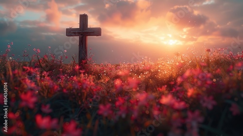 Ascension day concept. The cross on meadow autumn sunrise background. Genrative AI