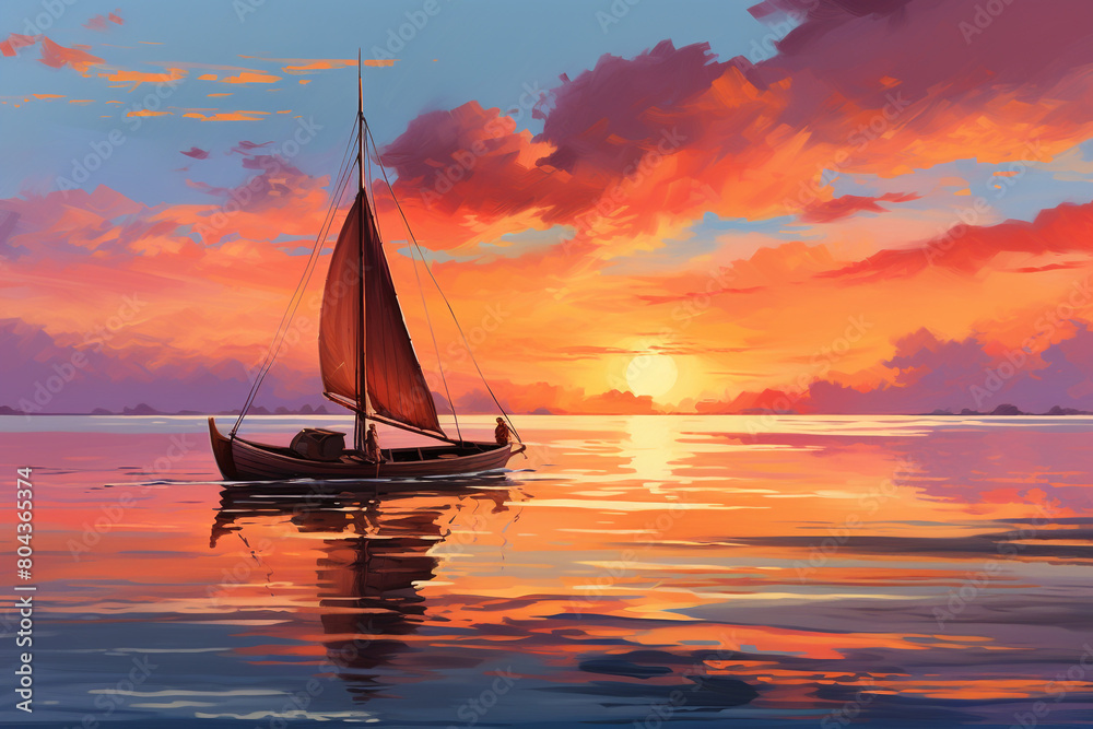 A traditional wooden sailboat gliding across a tranquil bay under a colorful sunset sky, isolated on solid white background.