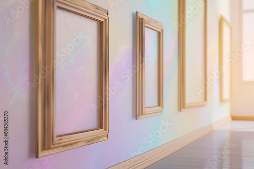 an side perspective of a bright gallery space, displaying a sequence of four wooden frames on a wall with a subtle, pastel gradient exhibit