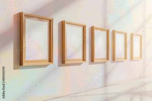 an side perspective of a bright gallery space, displaying a sequence of four wooden frames on a wall with a subtle, pastel gradient exhibit exhibit