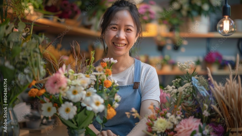 A woman is smiling and sitting in front of a flower shop