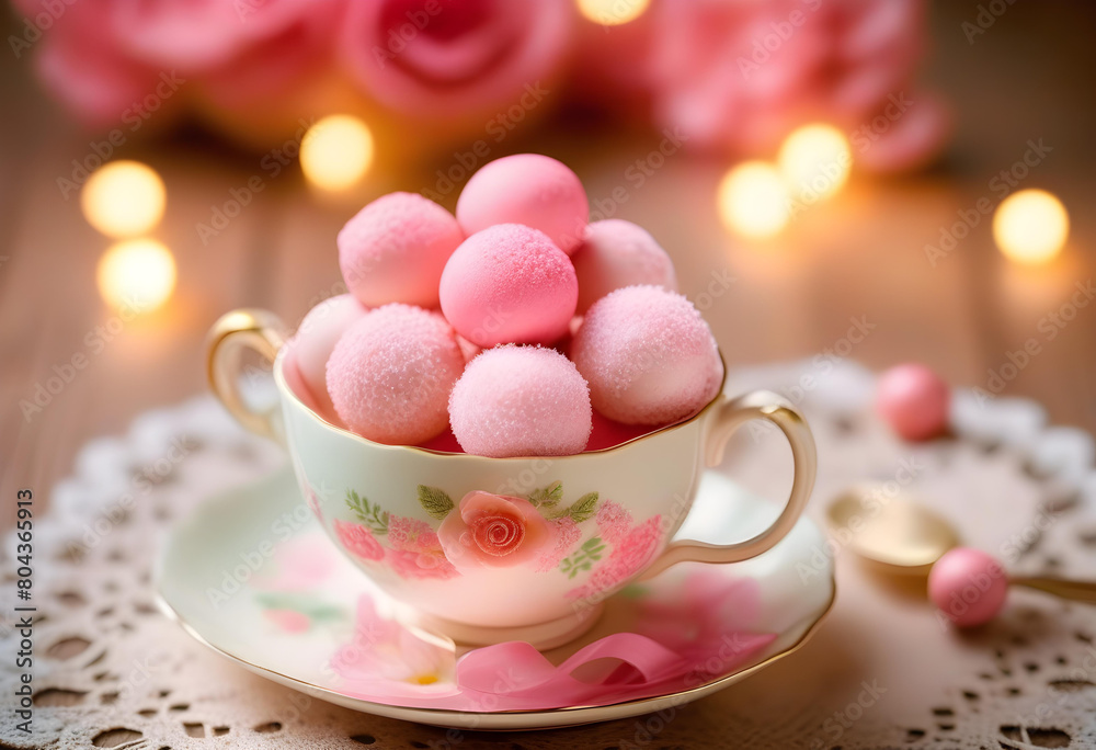 A teacup filled with pink cake pops on a lace doily, with a soft, dreamy filter. A teacup filled with pink cake pops on a lace doily, with a soft, dreamy filter.