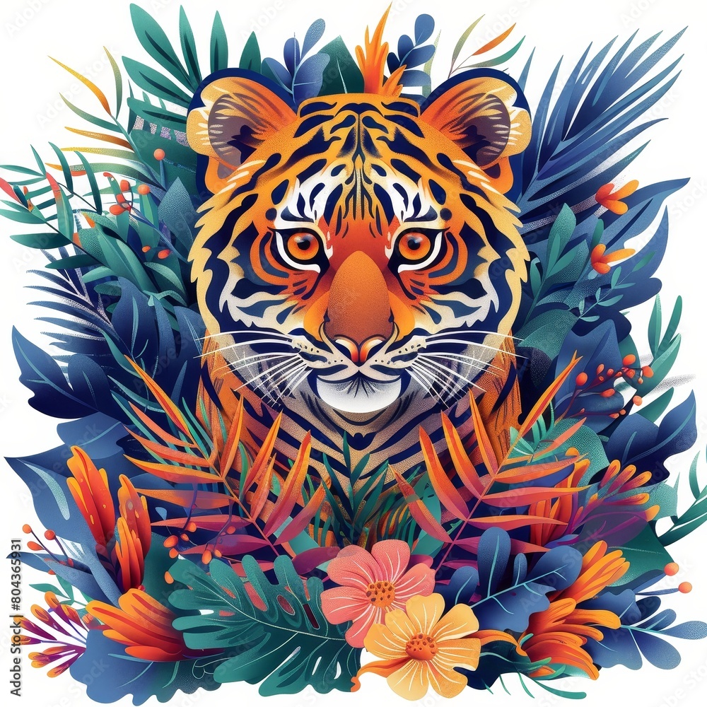A tiger is surrounded by a lush green jungle with flowers and leaves