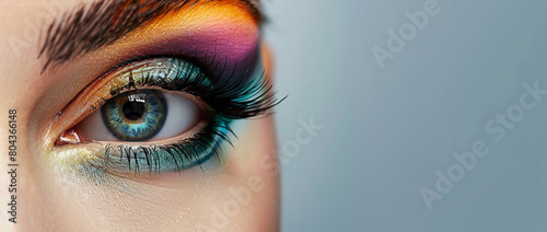 Close up beautiful woman eye with colorful makeup, creative makeup and eyebrows in color of the rainbow, copy space for text. photo