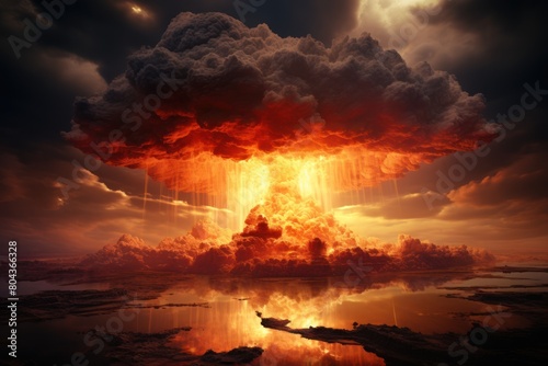 Nuclear powerful explosion with mushroom clouds in the sky. Concept of environmental and man-made disasters, nuclear pollution, fires