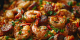 Delicious Cajunstyle shrimp and sausage skillet with parsley garnish on black plate