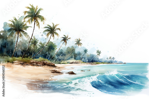 A tranquil beach scene with palm trees swaying in the breeze and turquoise waters lapping the shore  isolated on solid white background.