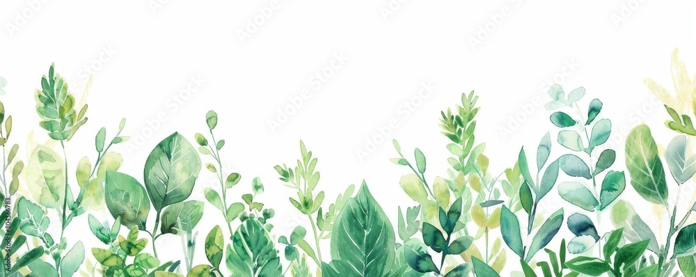 Green leaves and white flowers watercolor seamless border. Hand painted floral elements for wedding invitations, greeting cards, fabric, wallpaper, scrapbooking
