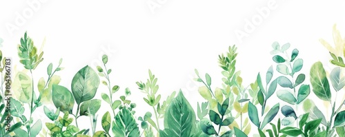 Green leaves and white flowers watercolor seamless border. Hand painted floral elements for wedding invitations, greeting cards, fabric, wallpaper, scrapbooking