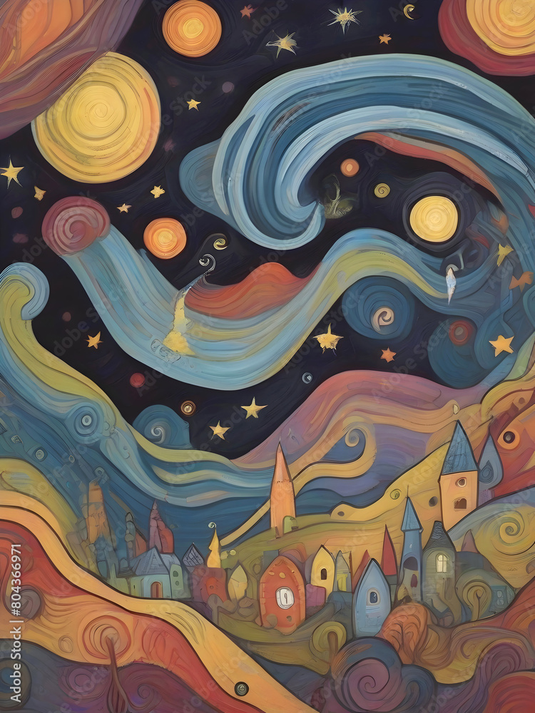 Landscape Starry Night Illustration Inspired Art