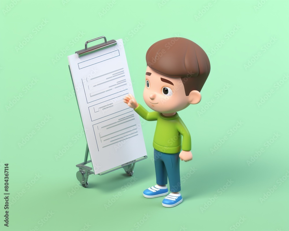 A 3D rendering of a child presenting a blank flipchart.