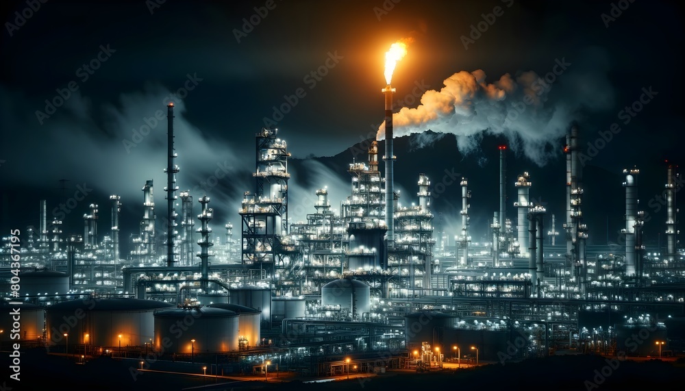 This image captures a sprawling industrial refinery at night, dramatically lit and emitting smoke and flames against a cloudy sky.

