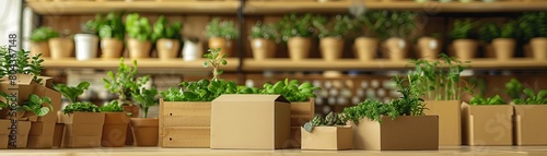 The photo shows a variety of plants in cardboard boxes on shelves in a retail store. © Samon