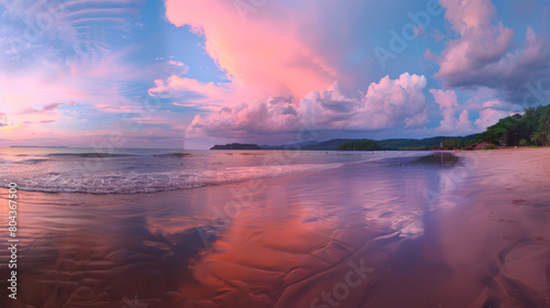 Spectacular sunset at a tranquil sandy beach with lush trees