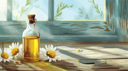 Bottle of essential oil with chamomile flowers on woo photo