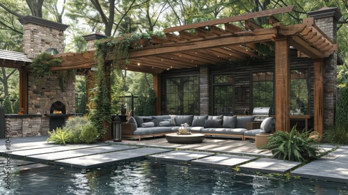 Backyard living space with outdoor furniture next to pool under a pergola Genrative AI