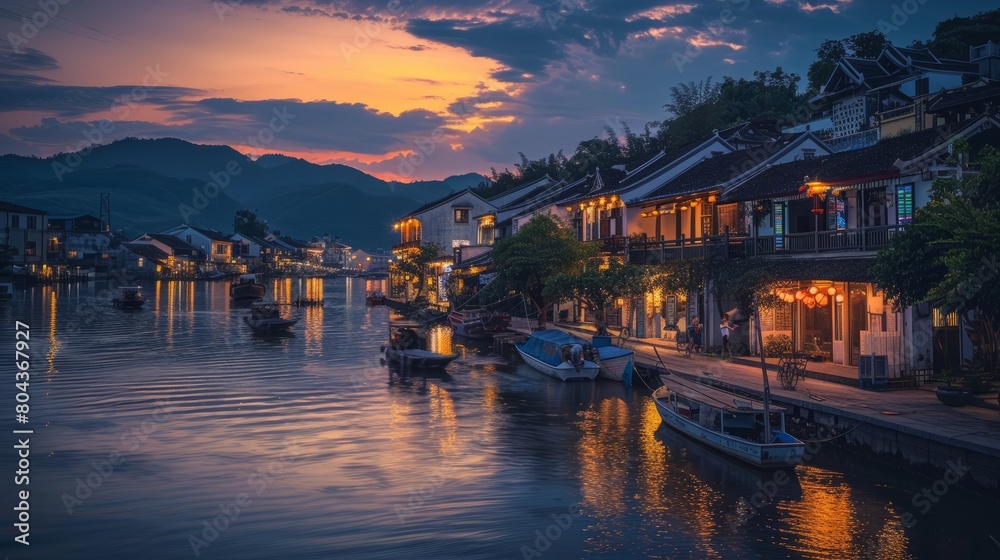 The quaint charm of a coastal village at twilight, with traditional houses nestled along the shoreline and fishing boats gently swaying in the harbor