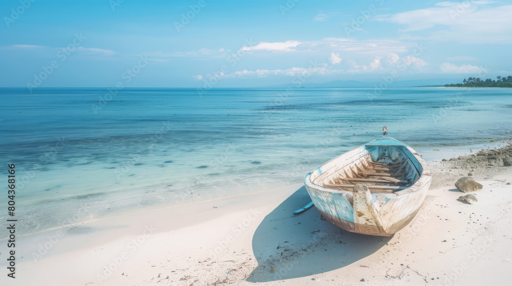 Serene tropical beach with old wooden boat on sandy shore Serene tropical beach with old wooden boat on sandy shore