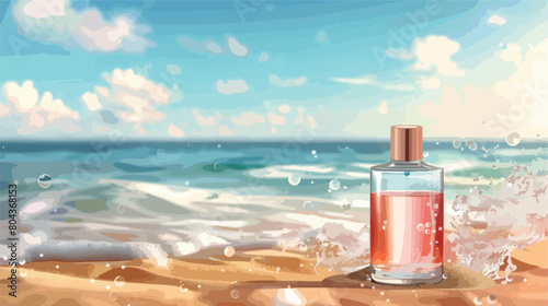 Bottle of luxury perfume on sand in water at beach Vector