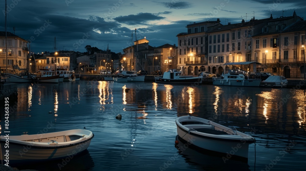 The romantic charm of an old port town at twilight, with historic buildings bathed in the soft glow of street lamps