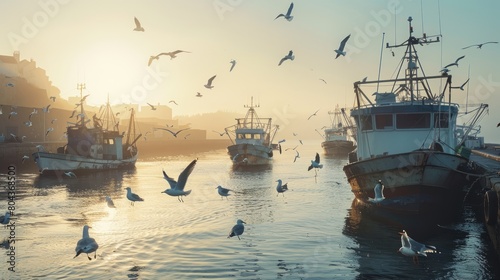 The serene beauty of a port city at dawn, with fishing boats bobbing gently on the calm waters of the harbor and seagulls soaring gracefully overhead photo