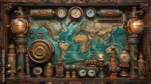 World map illustration featuring gears and a light bulb, symbolizing global travel and cooperation photo