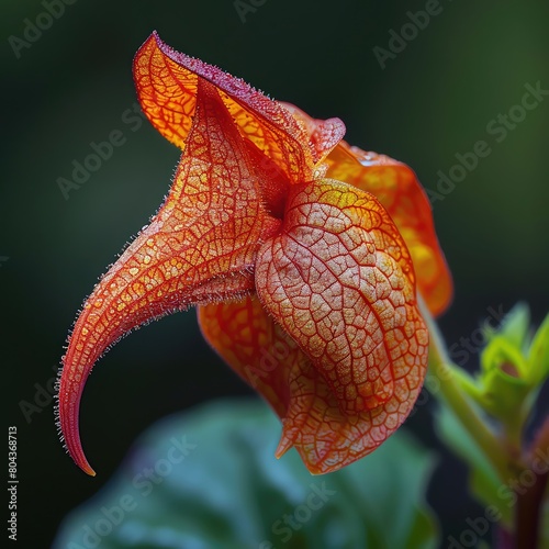 The flower is a deep orange color, with a long, curved beak photo