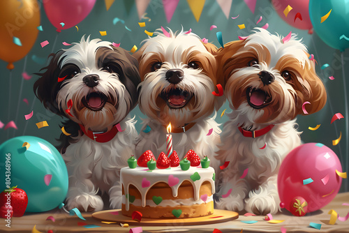 Fondo de pantalla de feliz cumpleaños con lindos perros. Feliz cumple. Felicidades en tu cumpleaños. photo